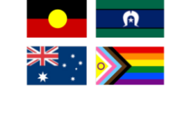 Four flags in a grid: the Aboriginal flag, the Torres Strait Island flag, the Australia flag, and the Pride flag.