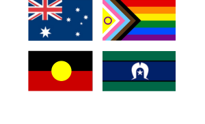 Four flags in a grid: the Australia flag, the Pride flag, the Aboriginal flag, the Torres Strait Island flag, 