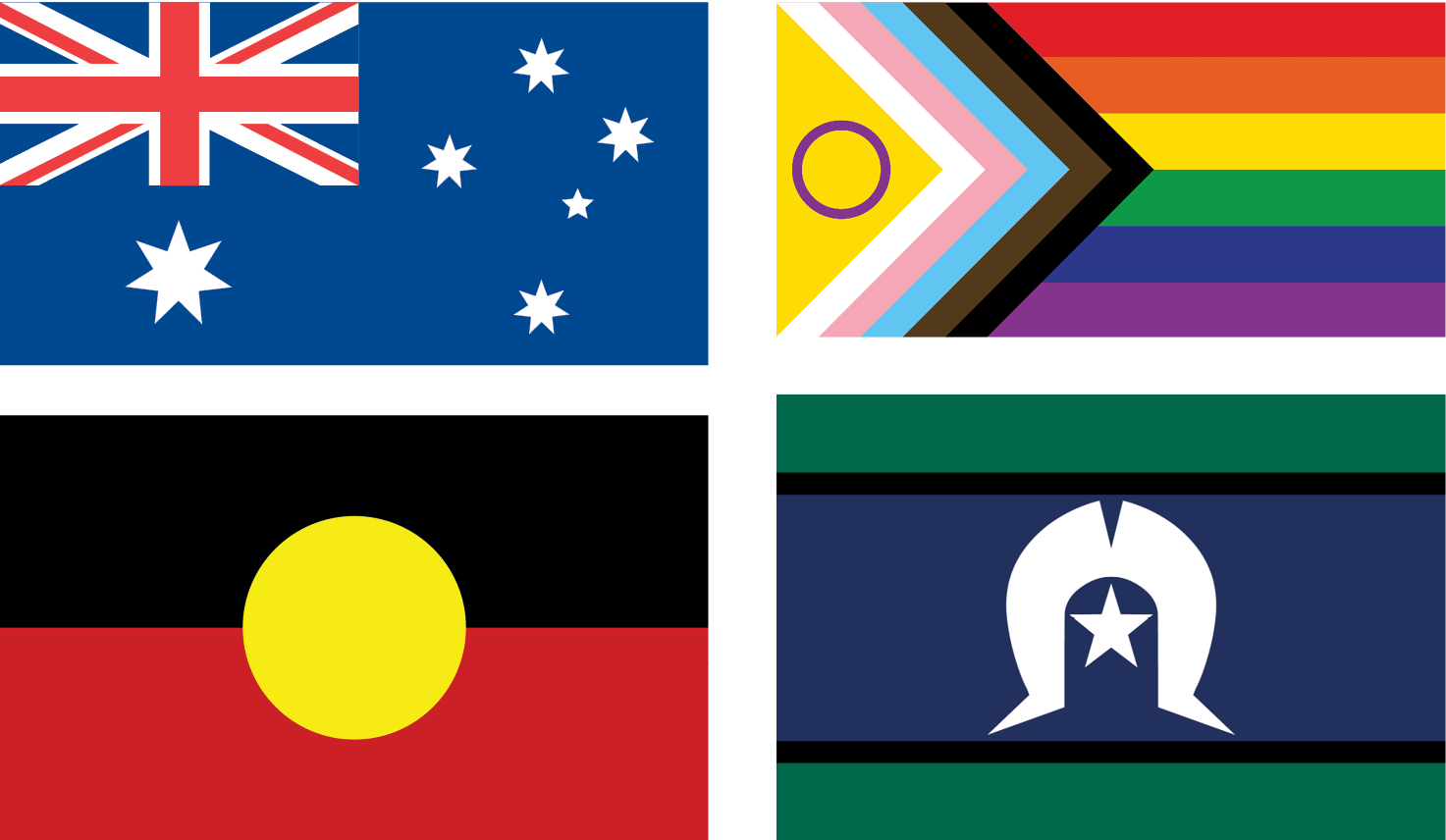 Australian flag, Pride flag, Aboriginal flag, Torres Strait Islander flag